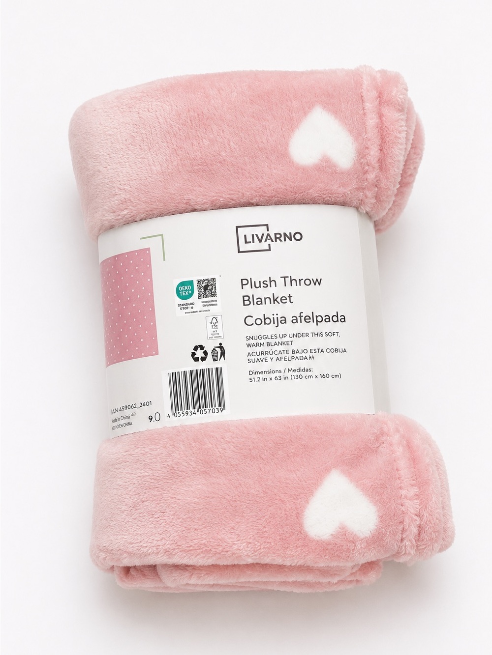 NWT Soft Plush Hearts Throw Blanket Baby Light Pink White Cozy Oeko-Tex Gift